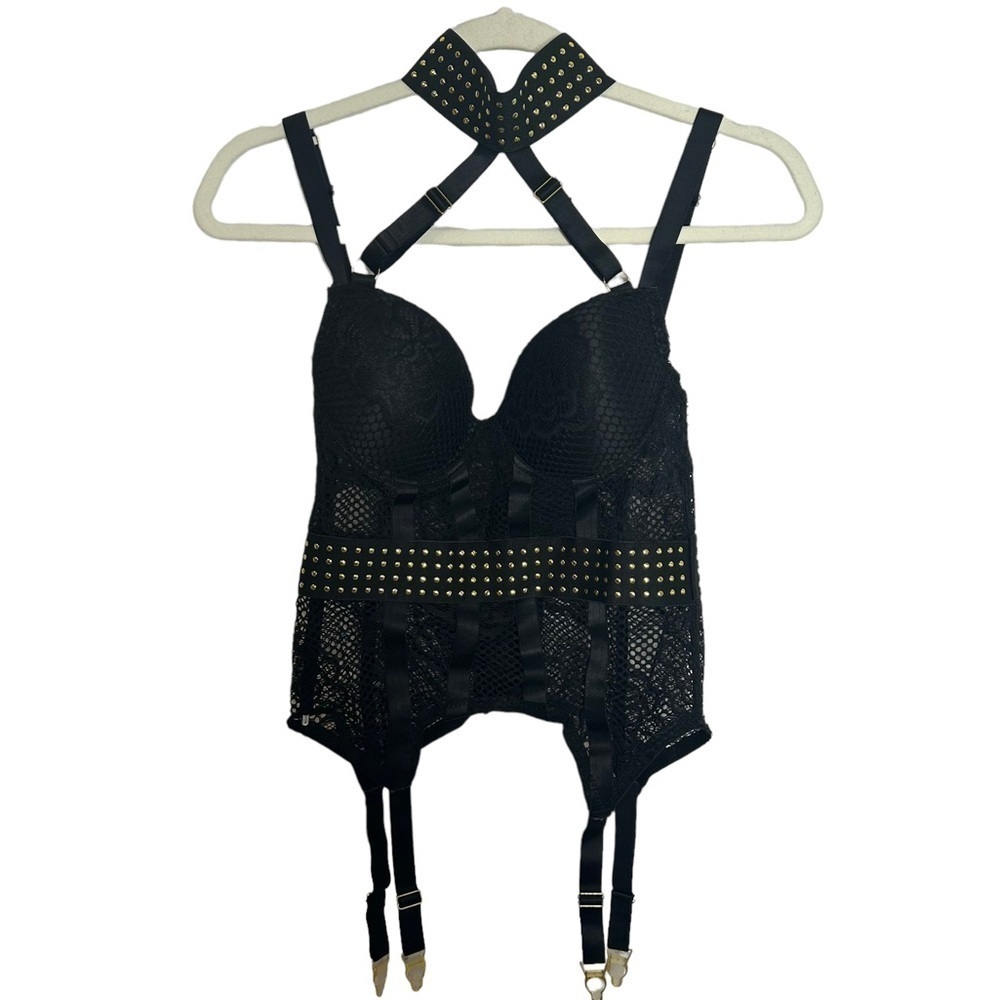 Lovehoney Lingerie Black Lace And Gold Studded Corset With Neck Choker